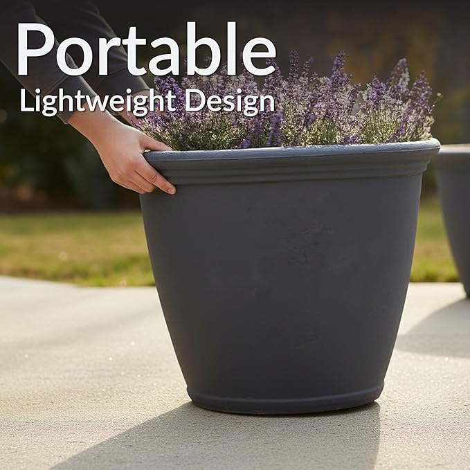 Sunnydaze 24-Inch Anjelica Large Plastic Pot for Plants - Outdoor Double-Walled Large Plastic Planter with Drillable Drainage Holes - Slate - 3pk