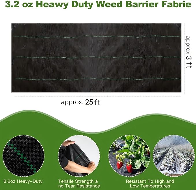Approx. 3FT×25FT Weed Barrier Fabric,Landscape Fabric,3.2oz Weed Barrier Fabric Heavy Duty,Weed Control Garden Cloth,Woven Geotextile Fabric for Garden Beds, Underlayment, with 8 U-Securing Pegs
