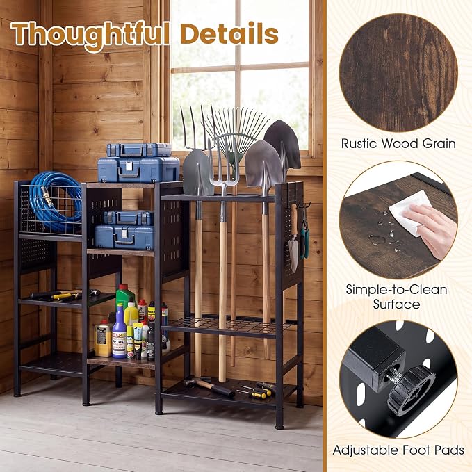 Goplus Garden Tool Organizer with Wooden Shelves, 40” Wide 3-Tier Yard Freestanding Storage Rack Holds up to 66 Long Handled Shovels, Rakes & Brooms, Heavy-Duty Tool Holder for Garage, Shed & Lawn