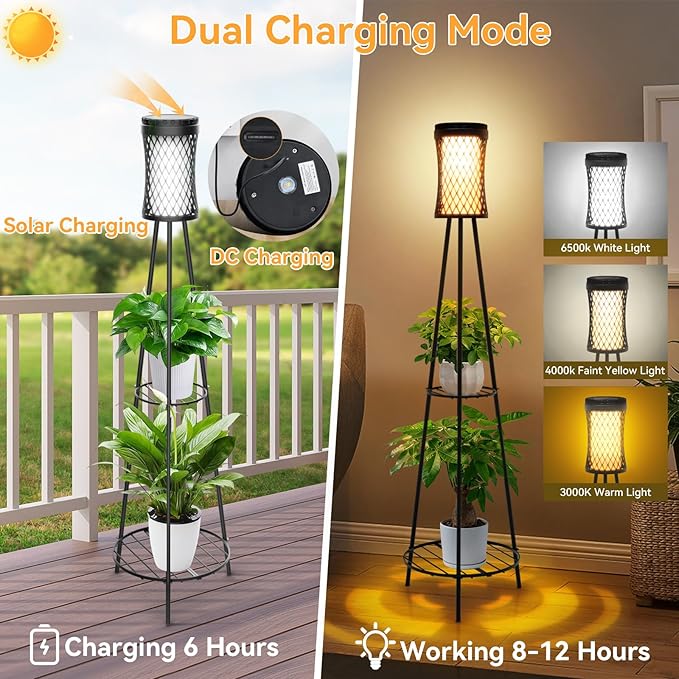 Aialun Outdoor Solar Floor Lamps with USB Charging, 45.67 Inch Tall Double Plant Stand Outside Floor Lamps, Warm & White 3 Modes Standing Decor Lights for Patio, Porch, Deck, Yard, Garden, 2 Pack