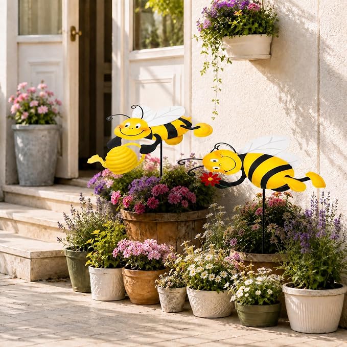 2 Pack Metal Bee Plant Umbrellas for Outdoor Plants, 24.6 Inch Decorative Plant Shade Cover, Cute Bee Garden Stakes Outdoor for Small Potted Plants, Flower Pots, Planters, Patio Porch Decor