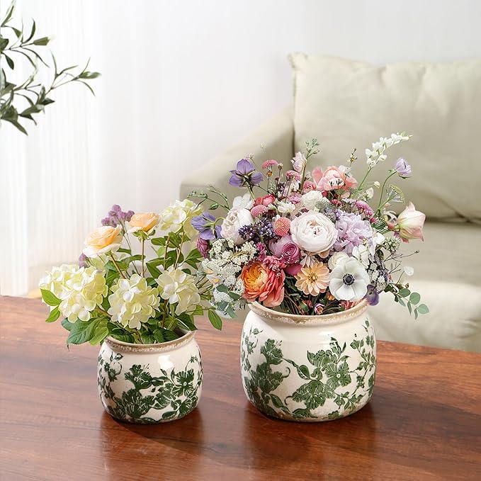 Vintage Ceramic Planters with Drainage Hole, Floral Plant Vases for Indoor Greenery, Tuscan Gardening Decor, Green Ceramic Planters for Christmas & Home Decor(2 Pcs)