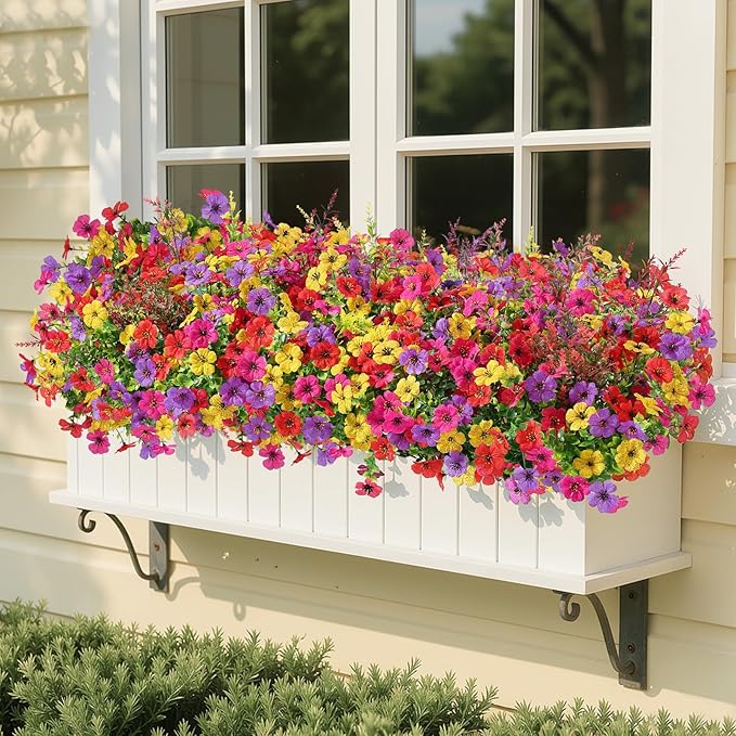 SHareconn 24 Bundles Artificial Flowers for Outdoors Decoration, Faux Plants Fake Silk Colorful Daisy Eucalyptus Lavender, UV Resistant for Outside Home Porch Indoor Spring Decor, RedRosyPurpleYellow