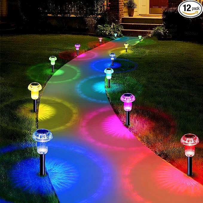 Priddop Solar Lights Outdoor Pathway Waterproof 12 Pack Color Changing LED Acrylic Mushroom Decorative Garden Lights for Yard Landscape Patio Outside Decorations