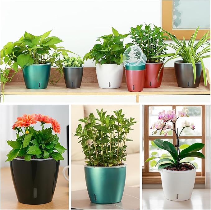 Self-Watering Pots for Indoor Plants, 4-Pack 6.7'' Self Watering Planter with Drainage Holes, Small African Violet Pots with Water Indicator, Orchid Pot, White/Grey/Blue/Rose Gold