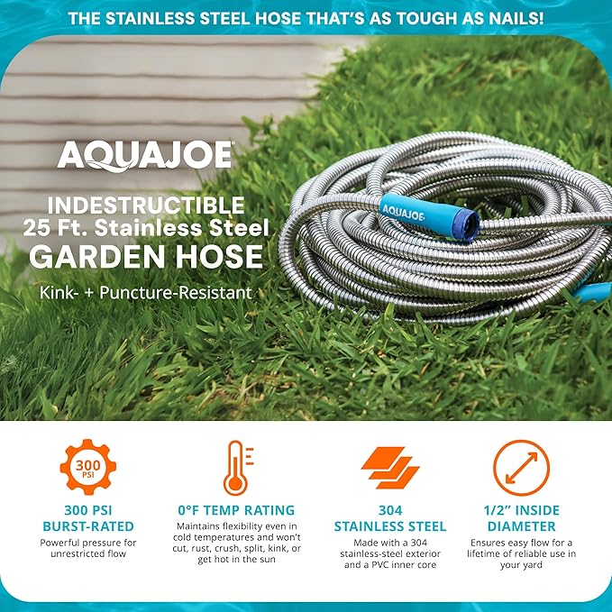 Aqua Joe AJSGH25 1/2-Inch Heavy-Duty, Puncture Proof Kink-Free, Spiral Constructed 304-Stainless Steel Metal, Garden Hose, 25-Foot