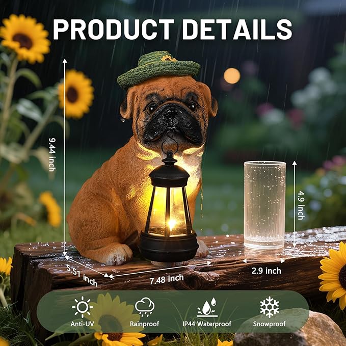 Solar Dog Outdoor Garden Statue with Lantern, French Bulldog Figurine with LED Lights, Lawn Decor for Patio, Yard Ornament, Unique Mother's Day Birthday Gift for Women Mom Gardener