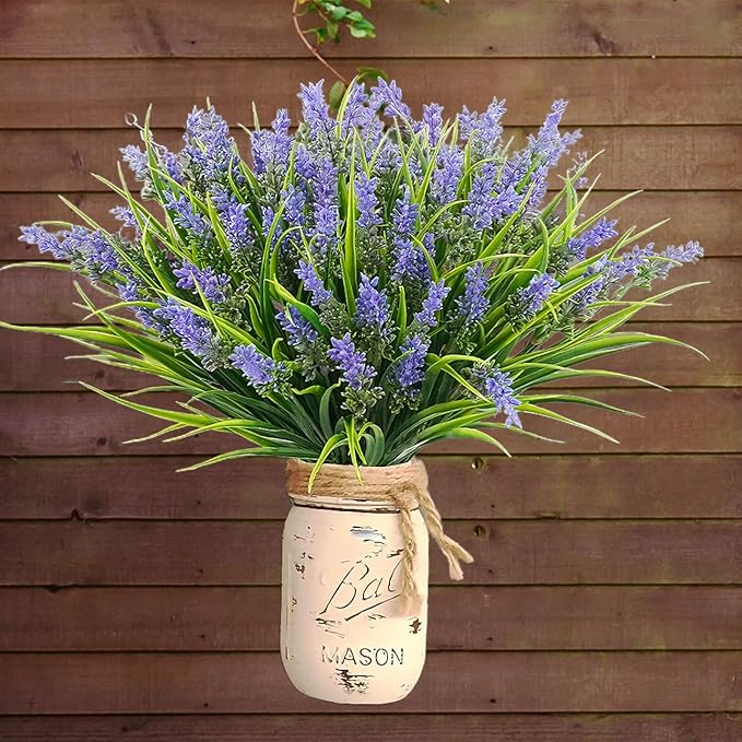 12 Bundles Artificial Grass Fake Plants，Outdoor Fake Monkey Tail Grass with Flowers for Pot UV Resistant Lavender Patio Garden Porch Home Window Hanging Planter Decor Faux Plastic Shrubs(Puper+Green)