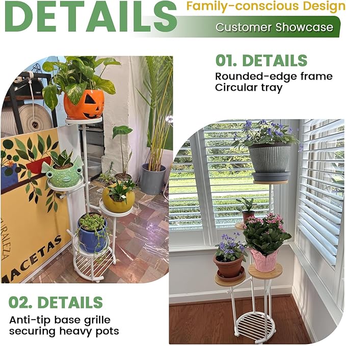 TOSKING 5-Tier Thickened Metal Plant Stand, Anti-Tip Round Base for Pots, Child & Pet Friendly, Corner Shelf Flower Pot for Multiple Plants, Indoor Outdoor Use for Living Room Balcony Patio Garden (White and Wood, 42in)