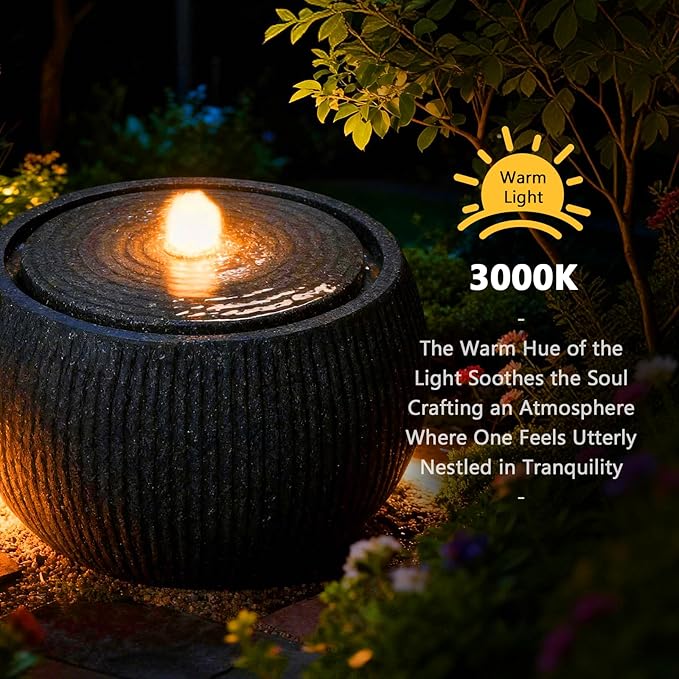 10.6" H Modern Round Outdoor Water Fountain with 3000K LED Lights, Minimalist Sphere Garden Waterfall with Soothing 55dB Sound for Patio, Deck, Porch, Backyard and Zen Indoor Decor