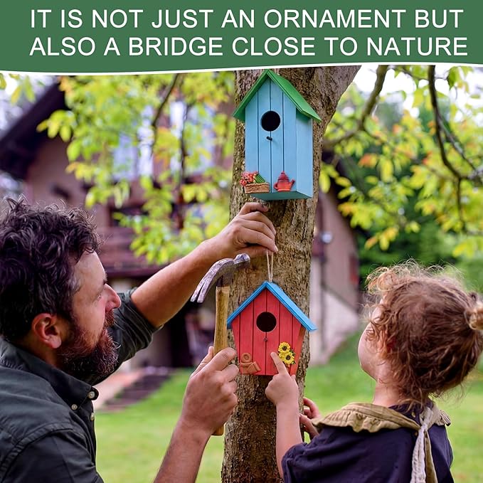 DoubleFill 2 Pcs Birdhouses for Outdoor Hanging Yard Outside Wooden Birdhouse Hand Painted Bird Box for Bird Lovers Bluebird Tree Garden Decor Decorative Birdhouse(Elegant Color,Wooden Roof)