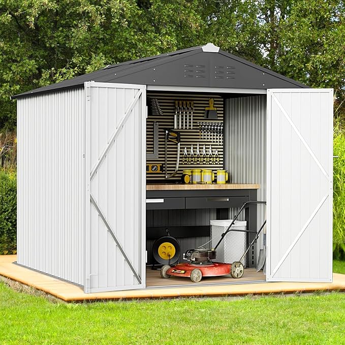 Greesum 6x4FT Outdoor Storage Shed, Utility Tool Shed Metal Storage Garden Shed with Door & Lock for Patio Storage, White