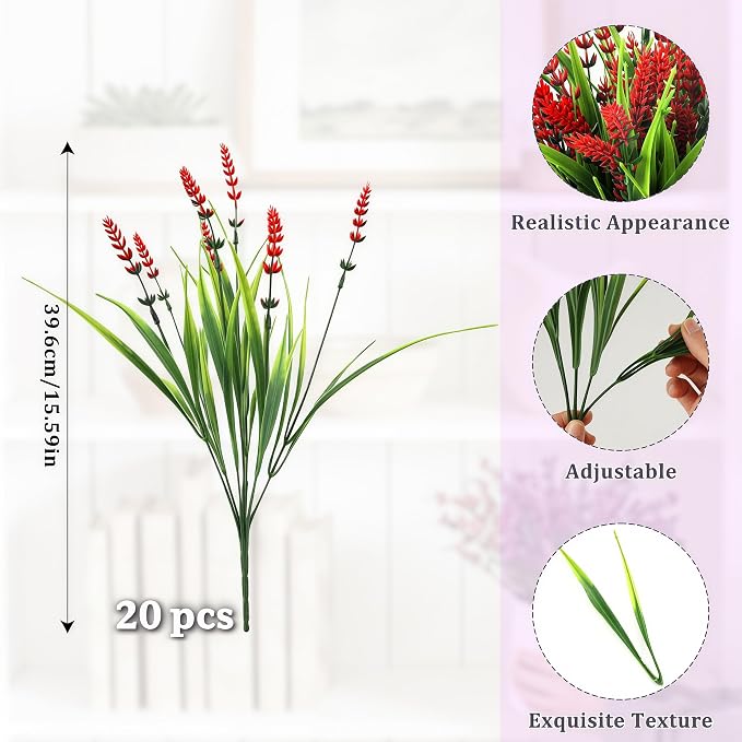 Faux Flowers for Outdoor Planters – 20 Bundles Fake Plants Outdoor, UV Resistant Artificial Plants & Flowers with Fake Monkey Grass, Faux Outdoor Plants for Porch Patio Garden Decor