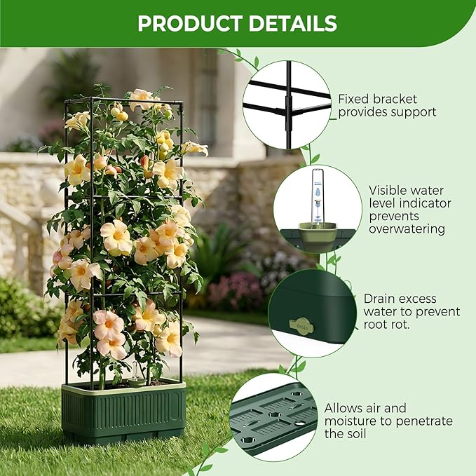 MQUPIN Raised Garden Bed Tomato Planter with Trellis, Self Watering Tomato Planter with Water Level Indicator, Larger Rectangular Tomato Cages for Indoor & Outdoor Climbing Vegetable and Plants (1)