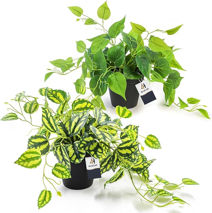 AceList 2 Pack Fake Plants, Artificial Plants for Home Decor Indoor, Realistic Fake Watermelon Leaves with Black Pot for Bedroom Living Room Shelf Outdoor Office Decor