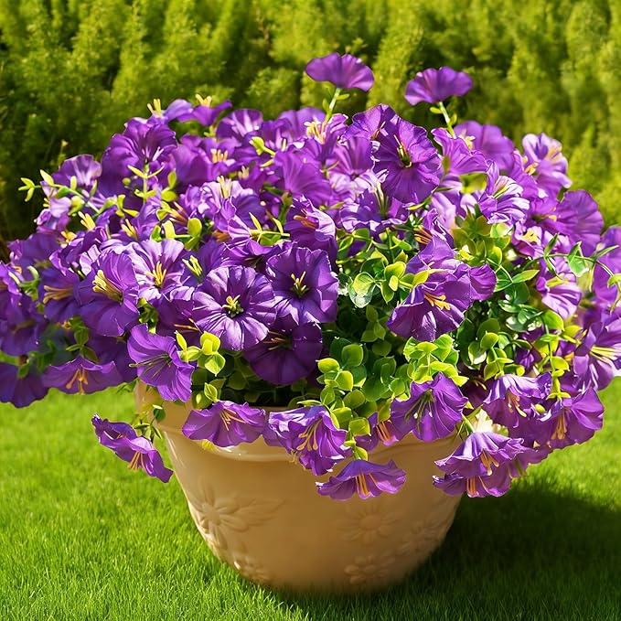Fanfantoey Artificial Flowers for Outdoor, UV Resistant Fake Plants Outside Decoration, 14 Pcs Realistic Silk Morning Glory Faux Flowers for Porch Patio Gardens Home Decor(Purple)