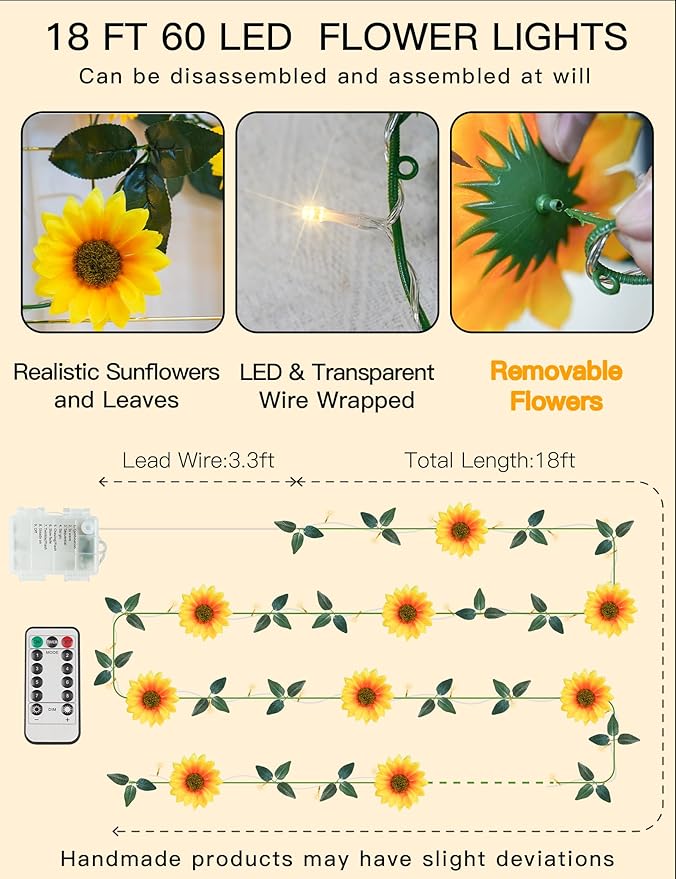 suddus Artificial Sunflower Garland with 60 LED Fairy Lights, Vines with String Lights Battery Operated, Flower Hanging Lights for Indoor, Outdoor, Bedroom, Wedding, Wall, Party (Warm White)