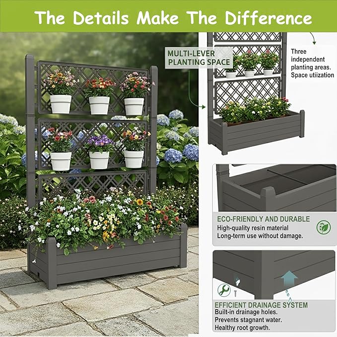 5.' Tall Raised Garden Bed with Trellis, Self Watering Planter Box for Outdoor Climbing Plants Resin Garden Lattice for Vegetables, Flowers, Tomato & Vine with Drainage Holes (Coffee, 2 Pack)
