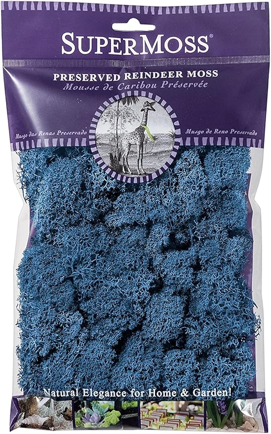 SuperMoss Reindeer Moss Preserved, Long Lasting Decorative Moss for Floral Décor Potted Plants and Indoor Planters, 8 Ounce Royal Blue