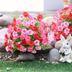 Waipfaru Set of 4 Artificial Boxwood Topiary with Colorful Flowers, 23" UV Resistant Fake Bushes Faux Outdoor Plants, Artificial Shrubs with Ground Spike for Outdoor Garden Front Porch(Red, Pink)