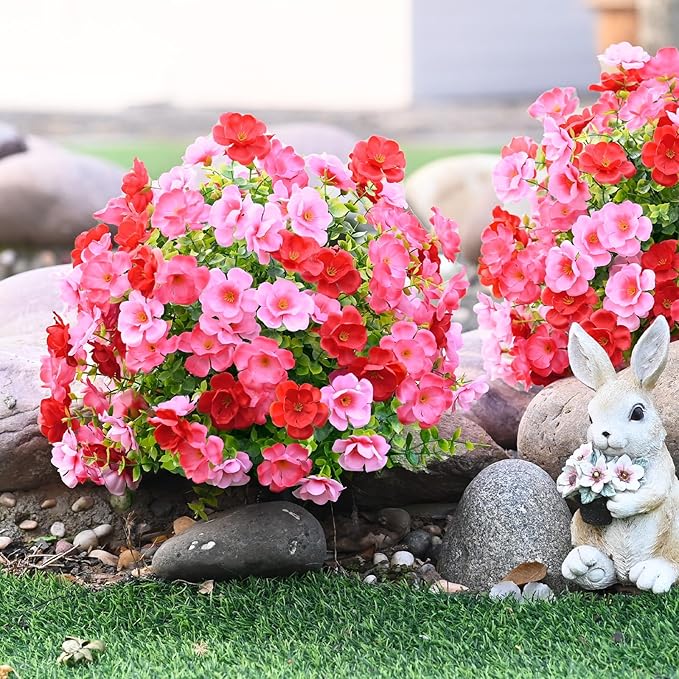 Waipfaru Set of 2 Artificial Boxwood Topiary with Colorful Flowers, 23" UV Resistant Fake Bushes Faux Outdoor Plants, Artificial Shrubs with Ground Spike for Outdoor Garden Front Porch(Red, Pink)
