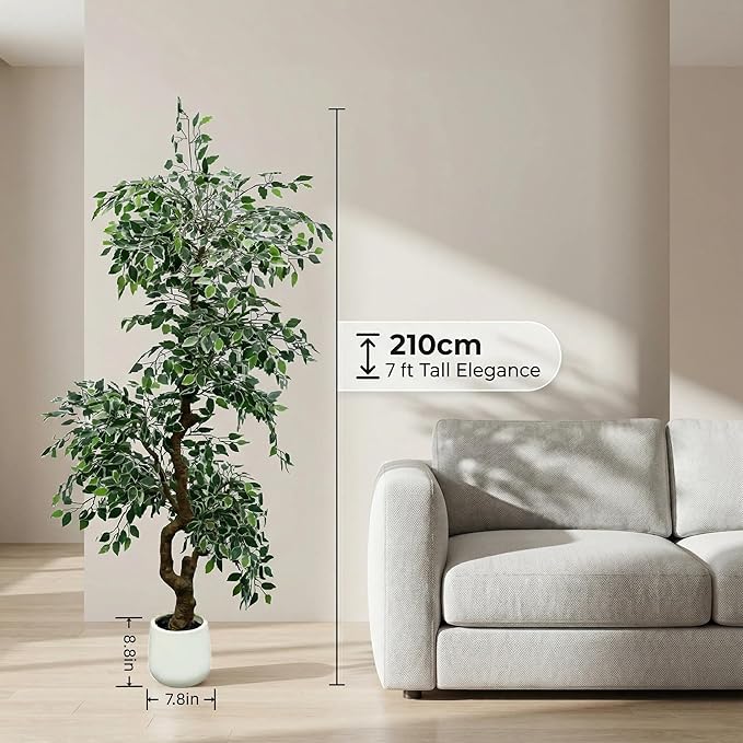7FT Artificial Ficus Tree Indoor Outdoor, Fake Plants Indoor with White Pot, Realistic White-Edged Leaves Potted Tree for Home Office Decor