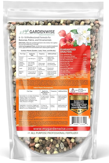 GARDENWISE Elite 8-10-10 Professional Fertilizer for Banana, Flowering, and Fruit Trees, Ornamentals - Boosts Flowering & Fruiting - for Indoor & Outdoor Plants (2 QUARTS)