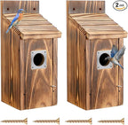 Dreyoo 2 Pack Bluebird Box Houses for Outside,1-1/2'' Entrance Hole Wooden Bird Houses with Metal Guard, Secure Latch,Fledgling Grooves,Air Vents for Bluebird Wren Swallow(Burnt Wood)