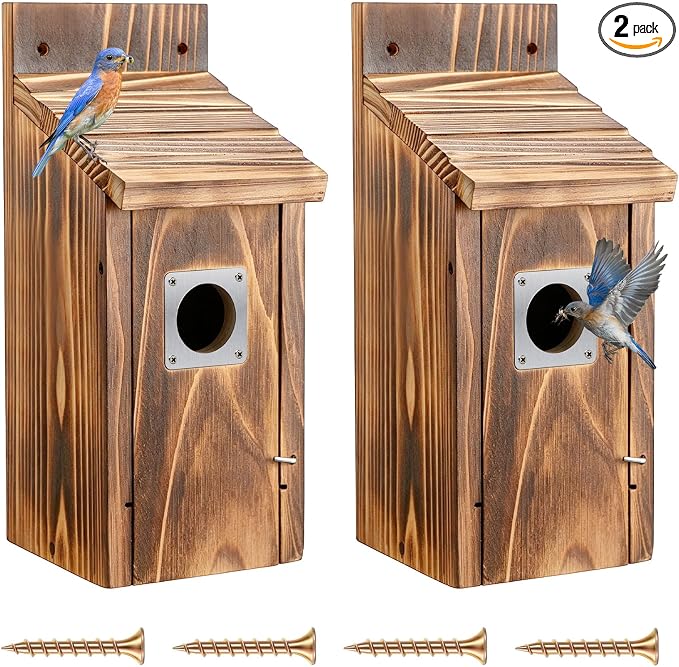 Dreyoo 2 Pack Bluebird Box Houses for Outside,1-1/2'' Entrance Hole Wooden Bird Houses with Metal Guard, Secure Latch,Fledgling Grooves,Air Vents for Bluebird Wren Swallow(Burnt Wood)