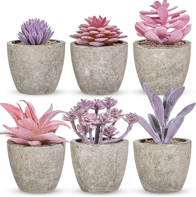 Set of 6 Artificial Succulents Potted - Realistic Mini Fake Cactus Plants in Paper Pulp Pots, 2-4'' Mixed Sizes for Farmhouse Shelf, Bathroom, Coatrack Shelf, Bedroom Indoor(Elegant Style)