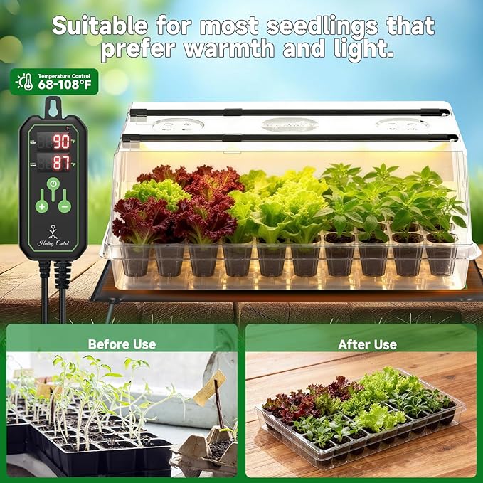 Adawook Large Seed Starter Tray with Grow Light and Thermostat Controller Heat Mat, 10"x 20.75" Heat Mats for Plant Growing，68-113°F Adjustable，Color Change Grow Lights，Germination Trays Kits
