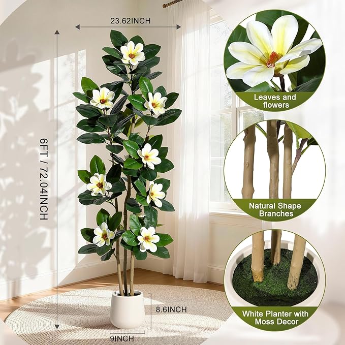 Fiddle Leaf Fig Tree 6FT Tall Artificial Plant, Large Fake Tree in White Planter, Faux Rubber Tree Fake Floor Plant with Magnolia Flowers - Artificial Tree for Home Office Living Room Decor, White