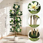 Fiddle Leaf Fig Tree 6FT Tall Artificial Plant, Large Fake Tree in White Planter, Faux Rubber Tree Fake Floor Plant with Magnolia Flowers - Artificial Tree for Home Office Living Room Decor, White