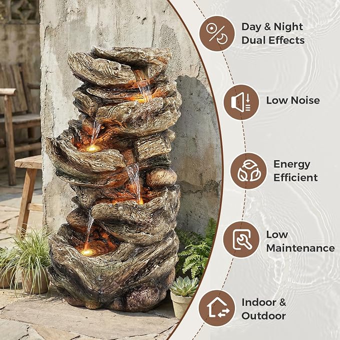 Jocoevol 32" High Outdoor Water Fountain, 5-Tiers Cascading Rock Waterfall Fountain with LED Lights for Garden, Patio, Yard Decor, Soothing Tranquility for Any Outdoor Living Space