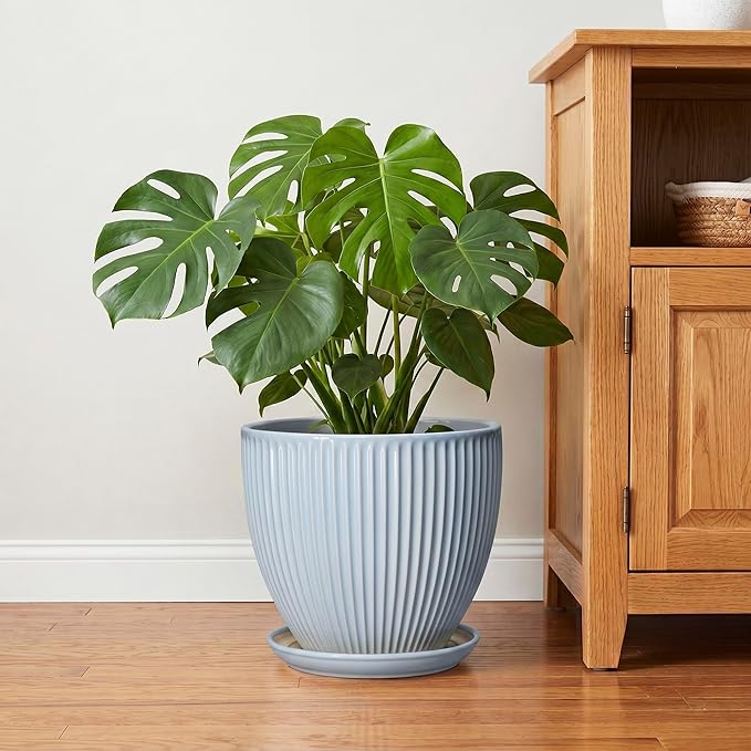 10 Inch Pots for Plants, Ceramic Plant Pots with Drainage Hole and Saucer, Modern Flower Pots for Indoor Plants, Decorative Large Planter, Entryway Decor, Gardening Gifts, Light Blue