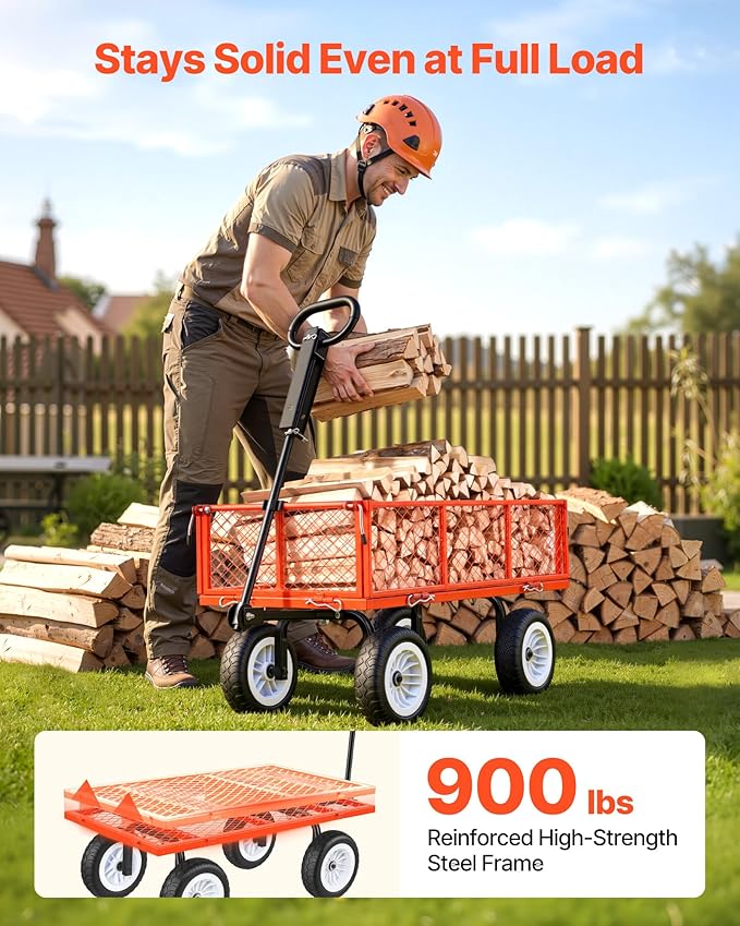 VEVOR 900 LBS Steel Garden Cart, 2 in 1 Handle, Heavy Duty Pullable Garden Wagon with 10" Flat-Free Tires, Outdoor Utility Yard Wagon Cart with Detachable Side Panels, Attach to ATV or Tractor, Red