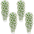 4PCS Artificial Hanging Flowers for Outdoors Summer Decoration, Fake Hanging Plants Faux Petunias with Eucalyptus, UV Resistant No Fade Plastic Realistic Silk Flowers for Porch Patio Balcony Indoor