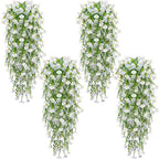 4PCS Artificial Hanging Flowers for Outdoors Summer Decoration, Fake Hanging Plants Faux Petunias with Eucalyptus, UV Resistant No Fade Plastic Realistic Silk Flowers for Porch Patio Balcony Indoor