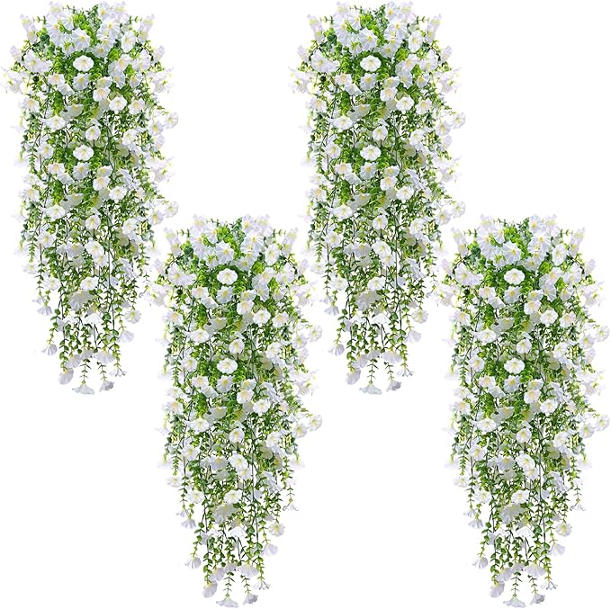 4PCS Artificial Hanging Flowers for Outdoors Summer Decoration, Fake Hanging Plants Faux Petunias with Eucalyptus, UV Resistant No Fade Plastic Realistic Silk Flowers for Porch Patio Balcony Indoor