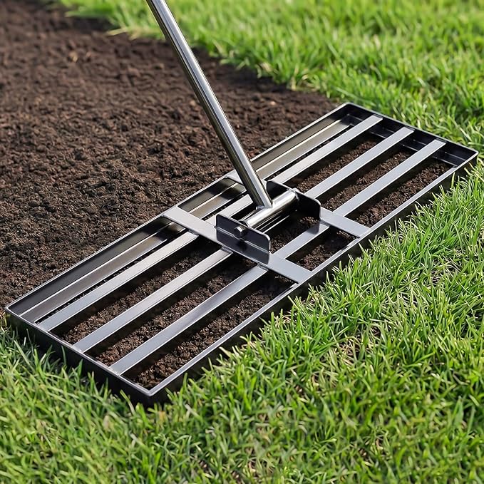 Lawn Leveling Rake 30x10 inch, Heavy Duty Ground Leveler for Soil, Sand, Effortless Smooth Use & Easy Assembly Stainless Steel Landscape Rake for Backyard, Garden, Golf Course, Black