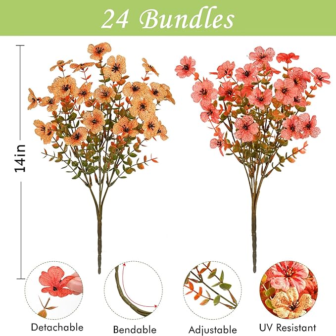 Waipfaru 24 Bundles Artificial Flowers Plants for Outdoor Indoor, UV Resistant Fake Flowers Outdoor Plastic Plants Shrubs Outside Porch Patio Garden Yard Decor
