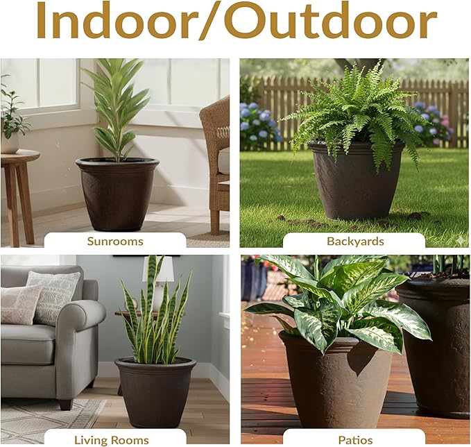 Sunnydaze 15.25-Inch Anjelica Large Plastic Pot for Plants - Outdoor Double-Walled Large Plastic Planter with Drillable Drainage Holes - Rust - 4pk