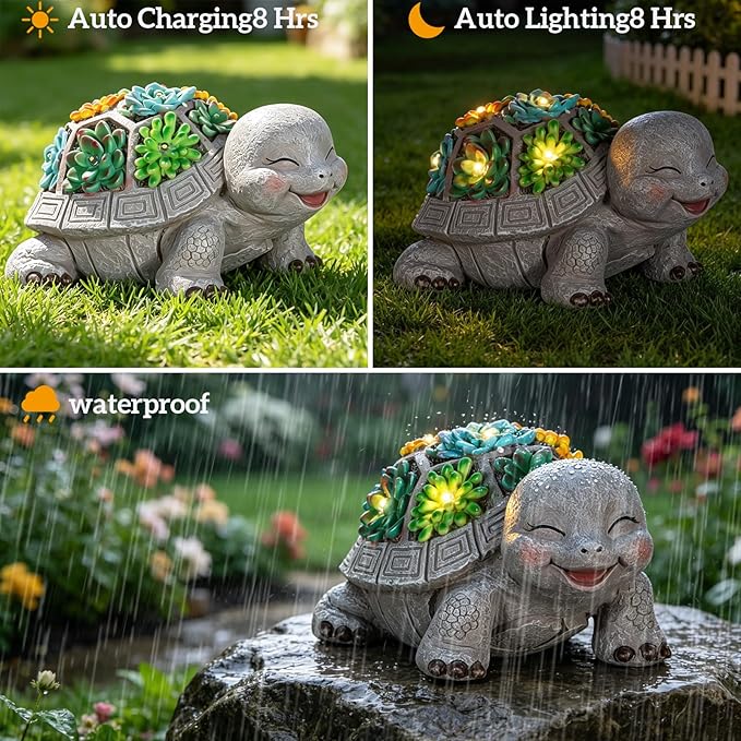 mocosa Solar Garden Statues Turtle and LED Lights Birthday Gifts for Women Mom Grandma Solar Outdoor Cat Decor for Outside,Outdoor Solar Lights for Yard, Garden and Patio, Unique Gift for Women