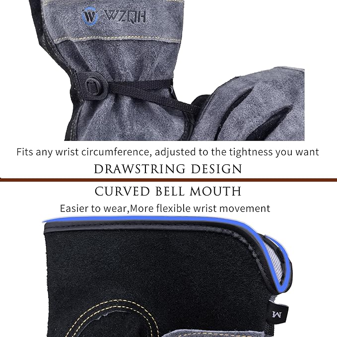 WZQH Leather Work Gloves for Men or Women, Large Glove for Gardening, Tig/Mig Welding, Construction, Chainsaw, Farm, Ranch, etc. Cowhide, Cotton Lined, Utility, Firm Grip, Durable. Grey-Black L