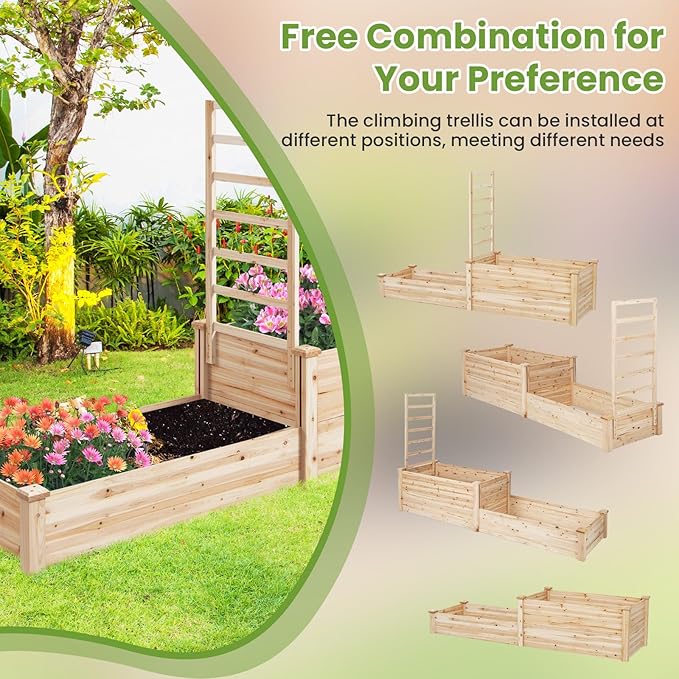 S AFSTAR Raised Garden Bed with Trellis & 2 Planter Boxes, 88" x 25" x 53" Outdoor Wooden Planter Box Kit for Flower Herb Veggies Fruit Climbing Vines, Elevated Gardening Planter for Garden Patio