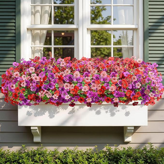 Alupssuc 24 Bundles Artificial Flowers for Outdoors Decoration, UV Resistant Silk Faux Floral Spring Summer Fake Plastic Plants Greenery for Outside Indoor Garden Porch Window Box Home Decor(4 Colors)