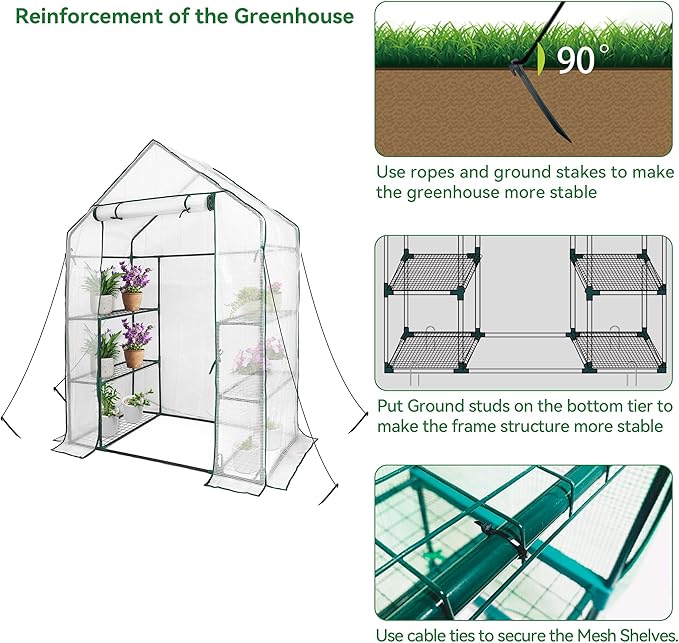 Heyfurni Walk in Greenhouse with 3 Tier 6 Shelves,2 More Bottom Shelves Reinforced Plant House, Growhouse/Green House for Outdoor,PE Cover 143x73x195cm