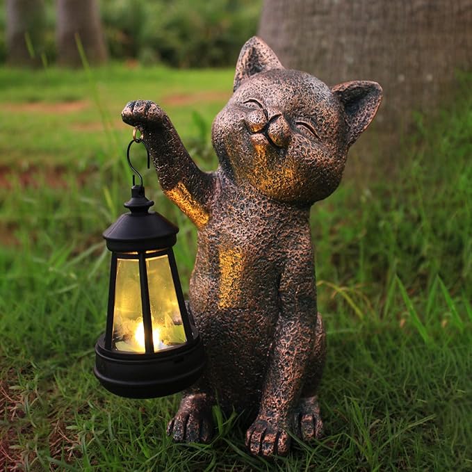 Solar Outdoor Cat Garden Statue,Outside Crafted Garden Sculptures & Statues for Patio, Yard, Lawn, Gardening Gifts for Women and Mom