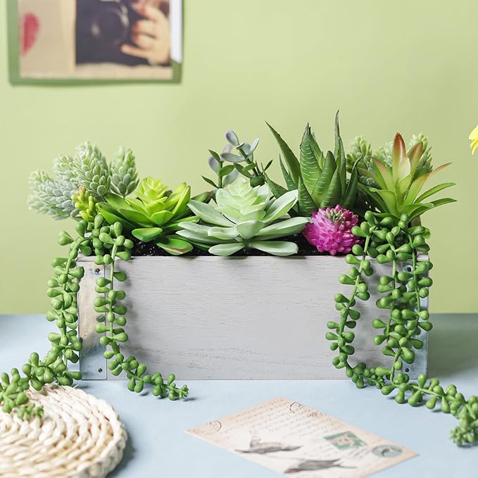 Der Rose 11 Inch Fake Plants Succulents Plants Artificial Cactus Plants in Wood Pots for Farmhouse Bathroom Decor