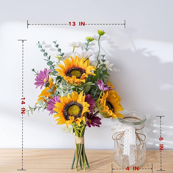 Artificial Faux Flowers in Vase for Home, Fake Flowers Arrangment with Pot, Sunflower Silk Daisy Bouquet for Fall Spring & Summer Decor Coffee Table Dinning Room Kitchen Centerpiece Table Decorations
